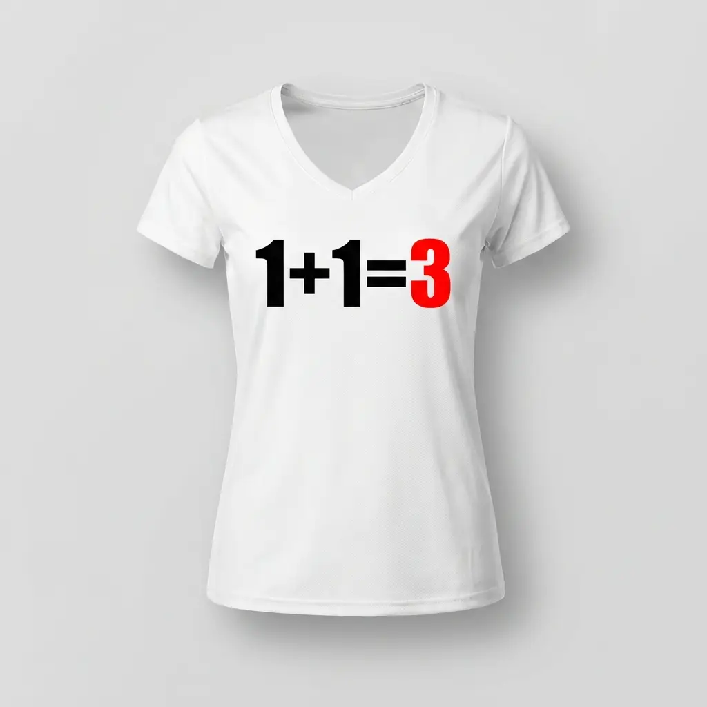 Playera deportiva blanca cuello V de mujer con la ecuación 1+1=3, el 3 en rojo