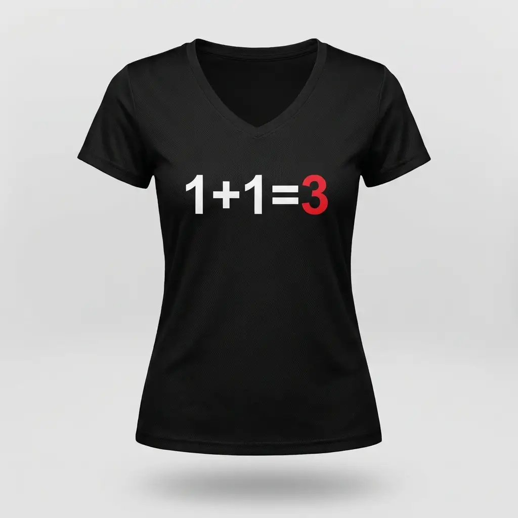Playera deportiva negra cuello V de mujer con la ecuación 1+1=3, el 3 en rojo