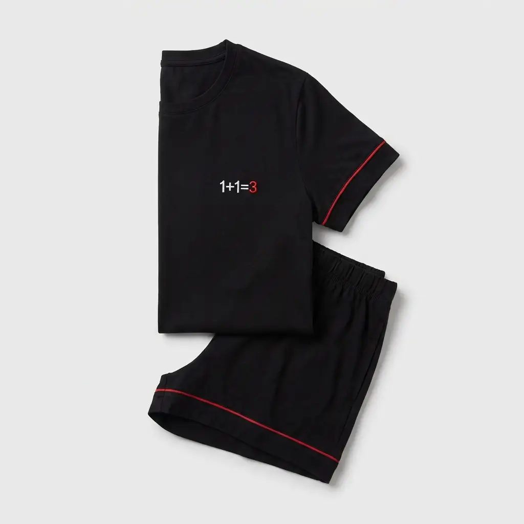 Pijama de mujer negra con vivos rojos y la ecuación 1+1=3, el 3 en rojo