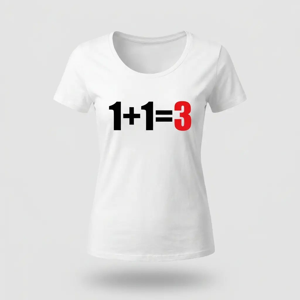 Playera blanca de mujer con la ecuación 1+1=3, el 1+1= en negro y el 3 en rojo