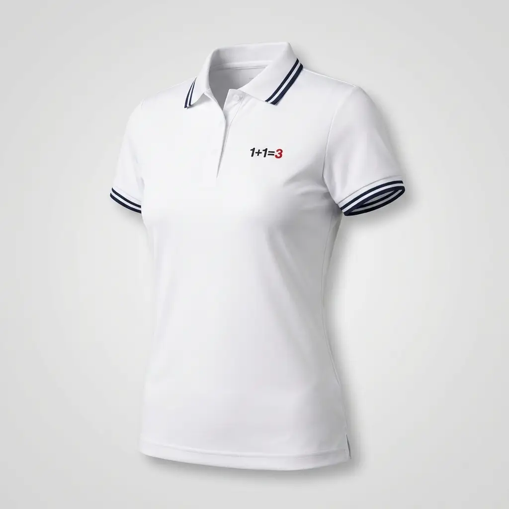Polo deportivo blanco de mujer con rayas azul marino en cuello y puños y logo 1+1=3