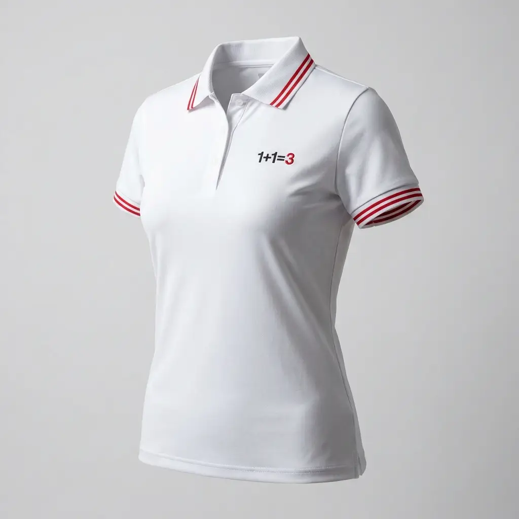 Polo deportivo blanco de mujer con rayas rojas en cuello y puños y logo 1+1=3