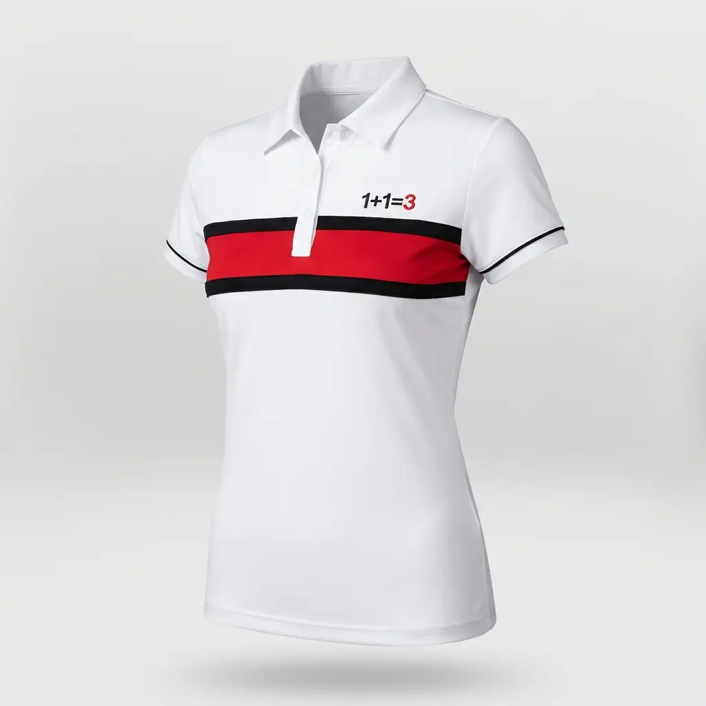 Polo deportivo blanco de mujer con franja roja y negra al pecho y logo 1+1=3