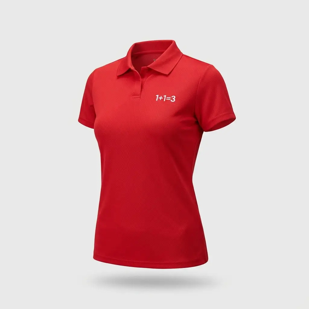 Polo deportivo rojo de mujer con el logo 1+1=3 bordado en blanco