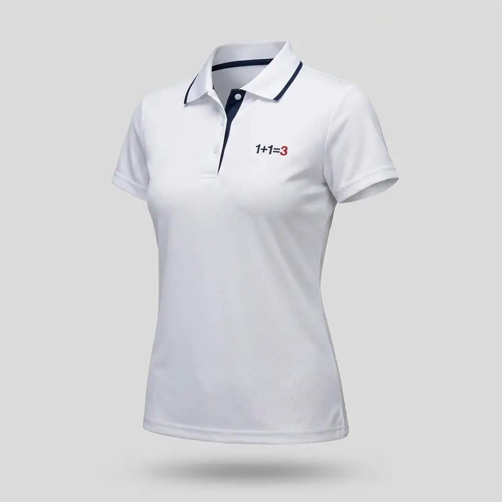 Polo técnico Dry-Fit blanco de mujer para golf y tenis con acentos azules y logo 1+1=3