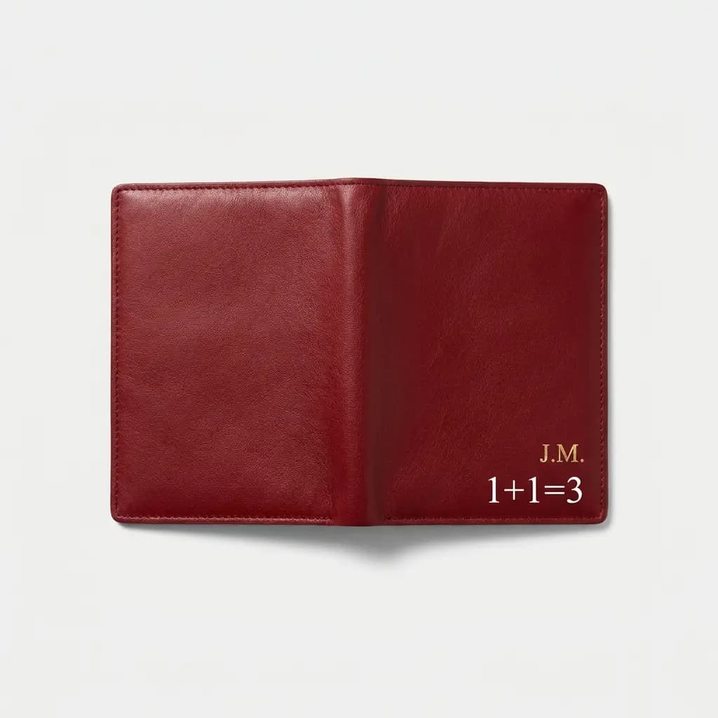 Porta pasaporte de piel roja con 1+1=3 discreto en blanco, con iniciales